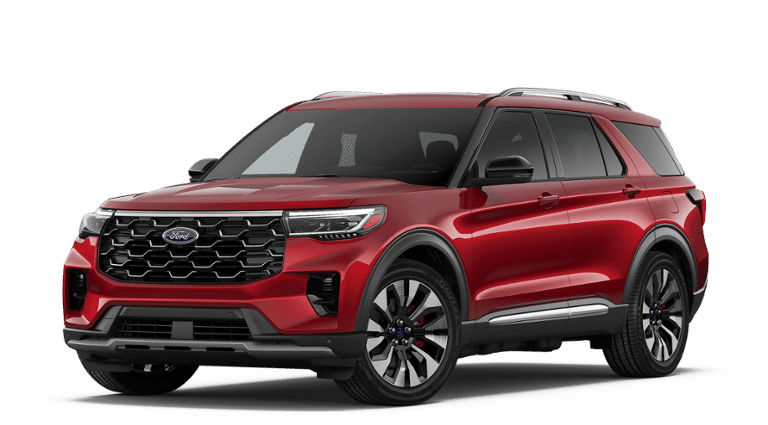 2026 Ford Explorer Platinum in Rapid Red Metallic Tinted Clearcoat — front three-quarter view